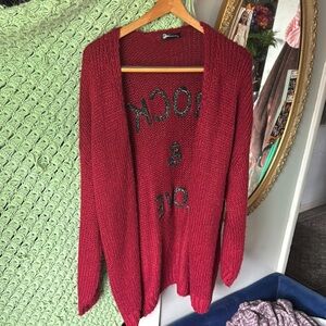Red Cardigan Sweater with Black Embellishments